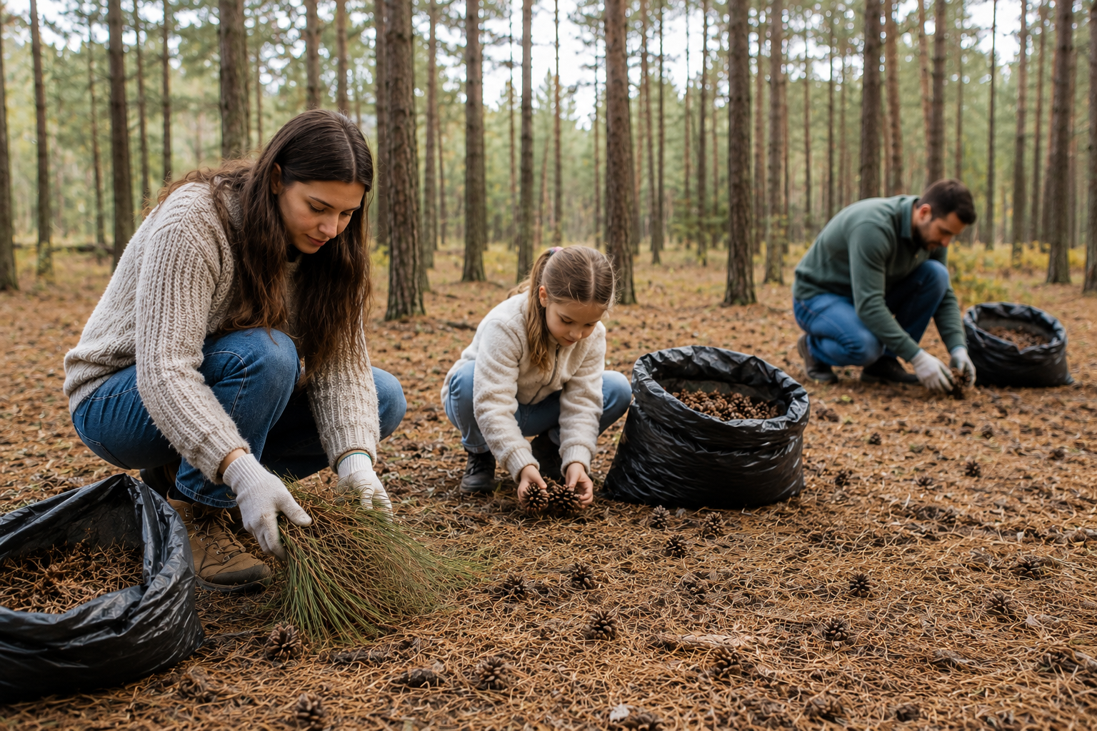 Family collecting pine needles and pine cones in black bags in a pine forest.